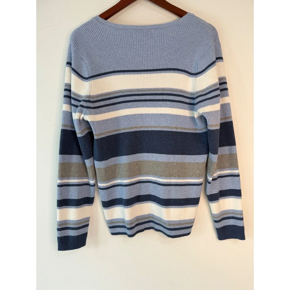 Vintage 90s Inspo Karen Scott Striped‎ Vneck Sweater XL Blue Gray White Preppy